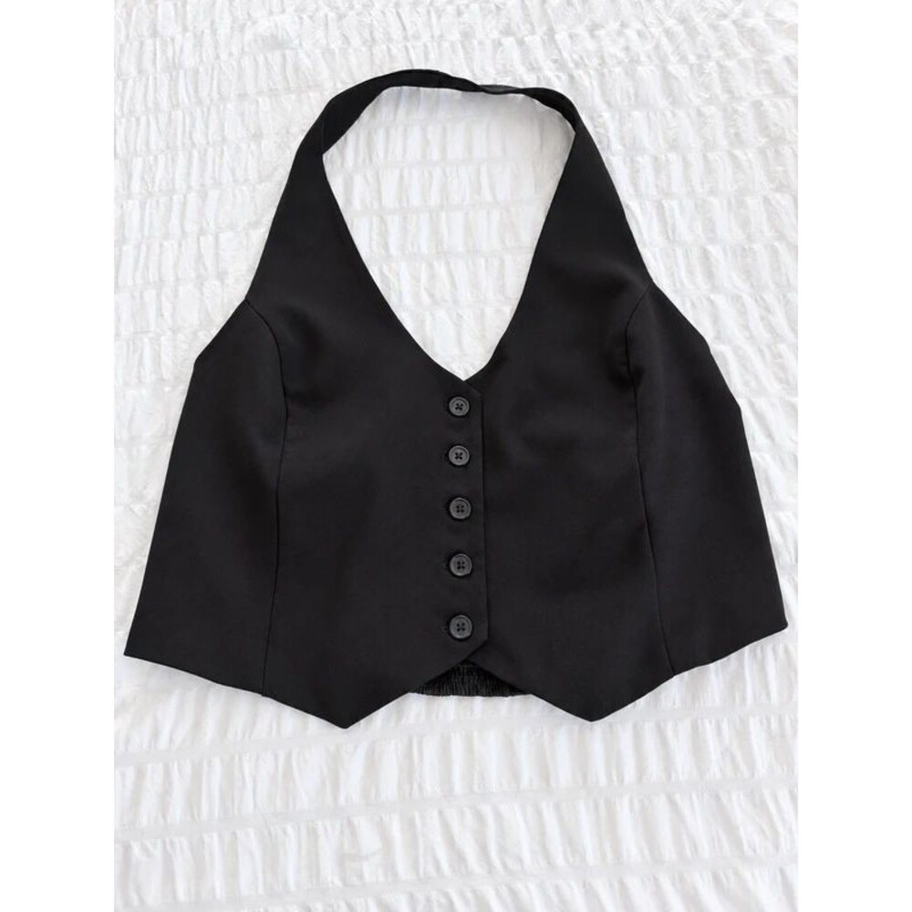 Wild Fable Black Halter Vest Top Large Button Smocked Back Cropped Waistcoat